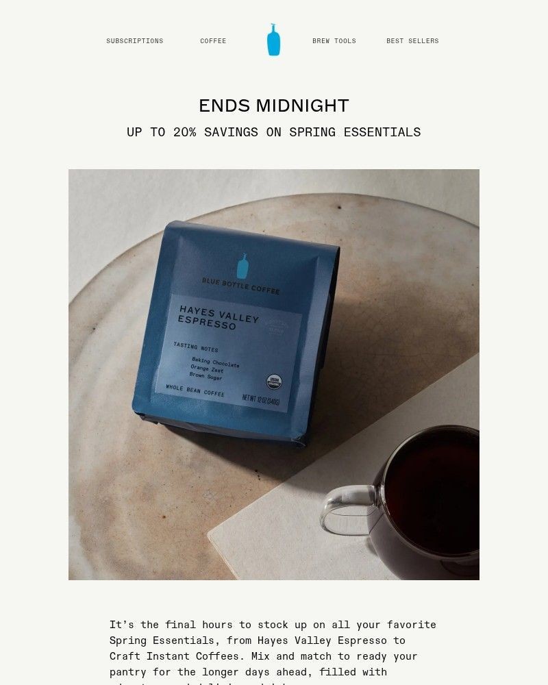 Screenshot of email sent to a Blue Bottle Coffee Newsletter subscriber