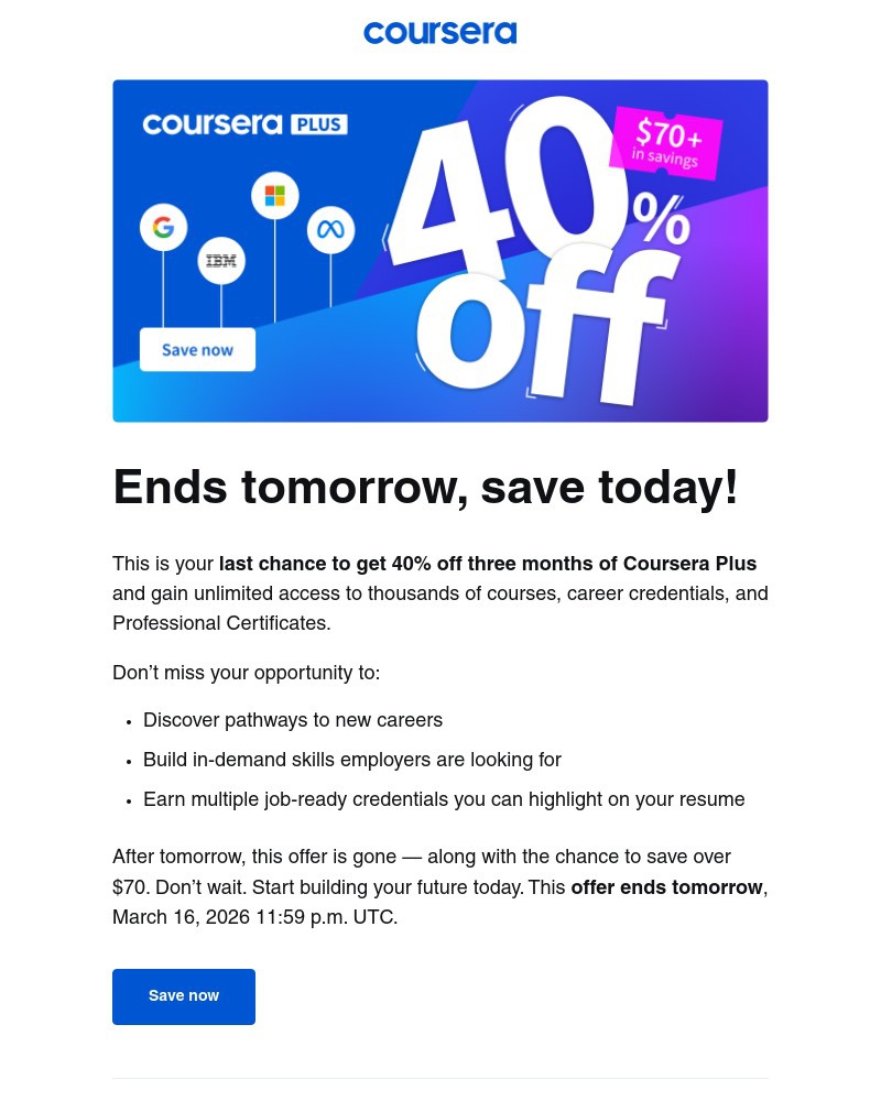 Screenshot of email sent to a Coursera Registered user