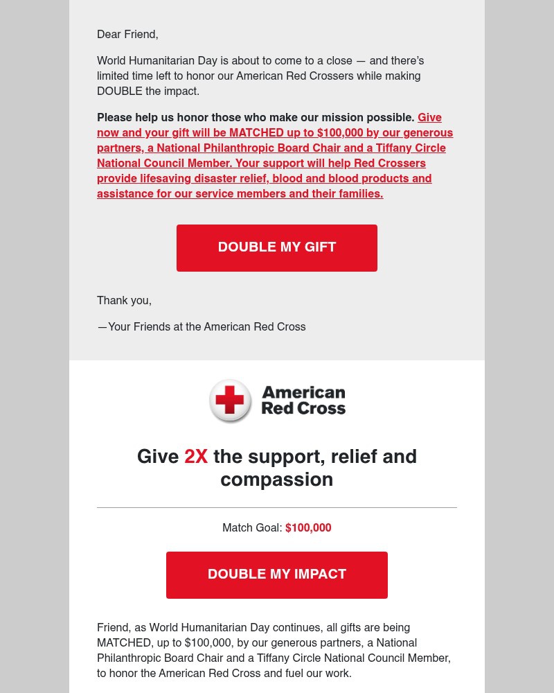 Screenshot of email sent to a American Red Cross Newsletter subscriber