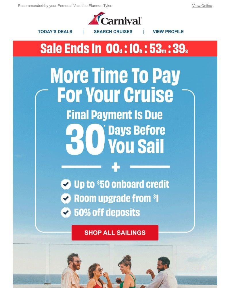 Screenshot of email sent to a Carnival Cruise Line Registered user