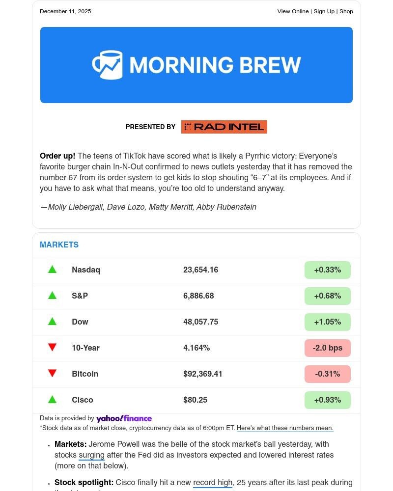 Screenshot of email sent to a Morning Brew Newsletter subscriber