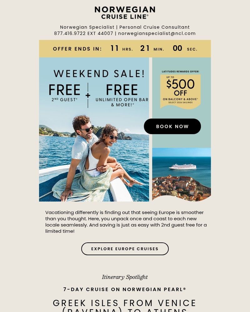 Screenshot of email sent to a Norwegian Cruise Line Newsletter subscriber