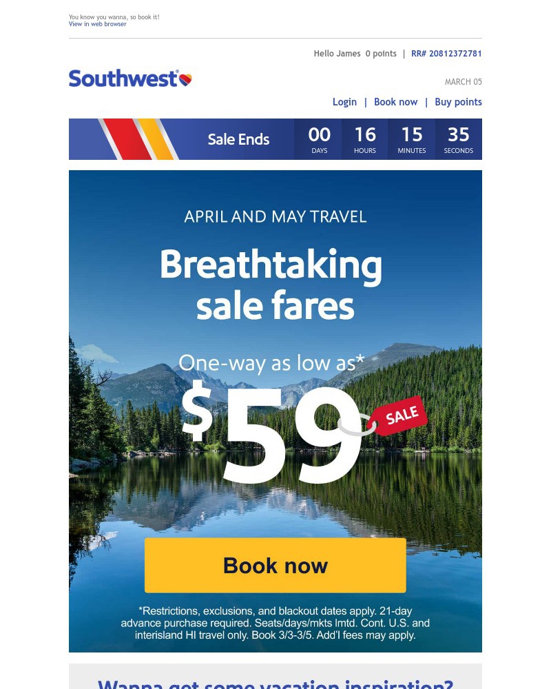 Screenshot of email sent to a Southwest Registered user