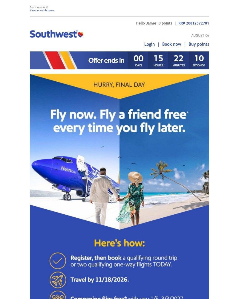 Screenshot of email sent to a Southwest Registered user
