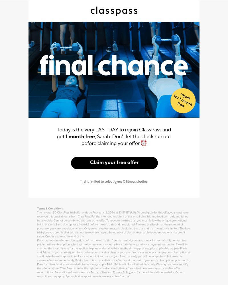 Screenshot of email sent to a ClassPass Registered user