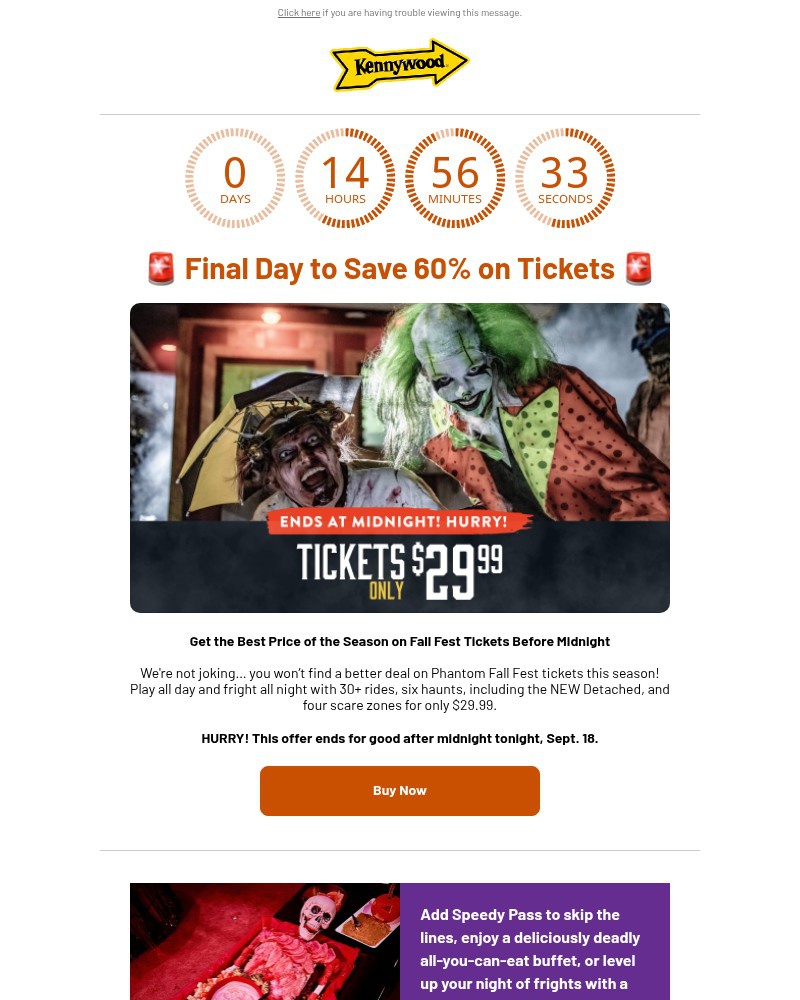 Screenshot of email sent to a Kennywood Newsletter subscriber