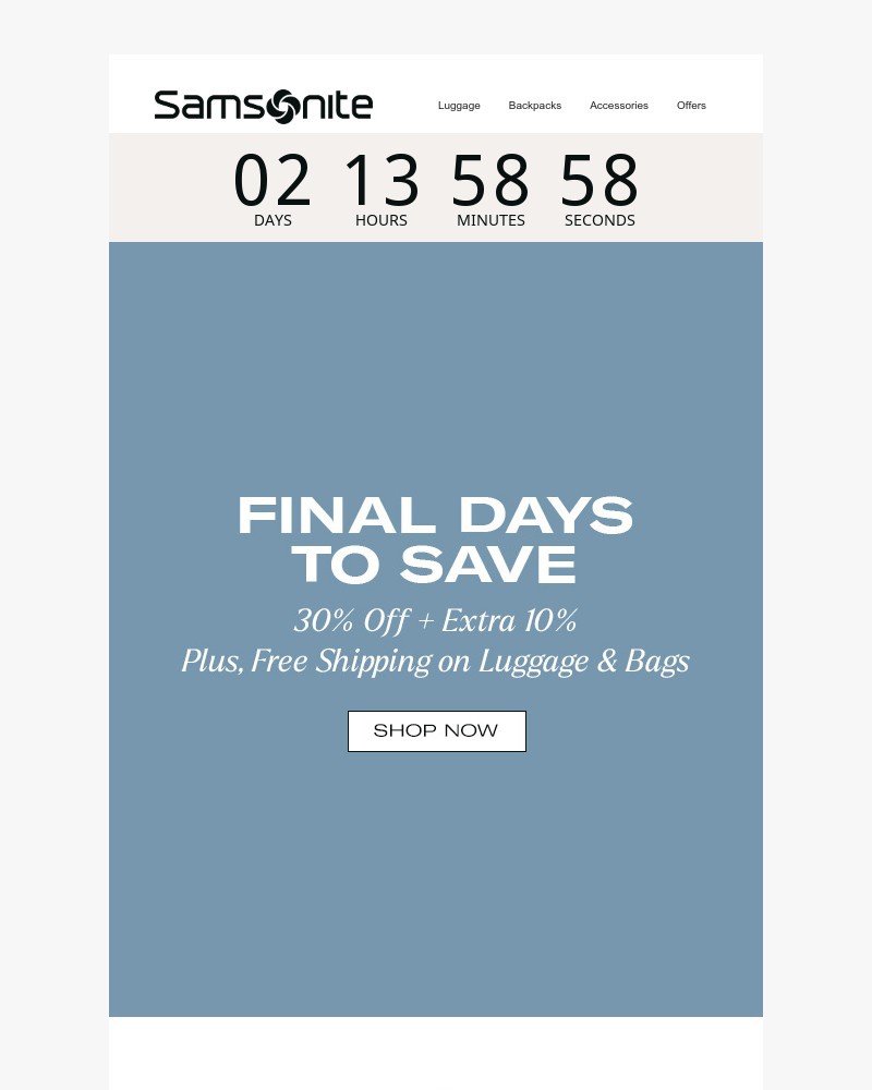 Screenshot of email sent to a Samsonite Newsletter subscriber