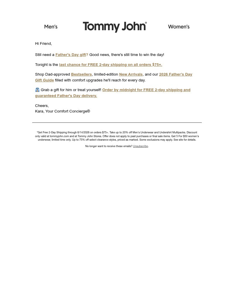 Screenshot of email sent to a Tommy John Newsletter subscriber