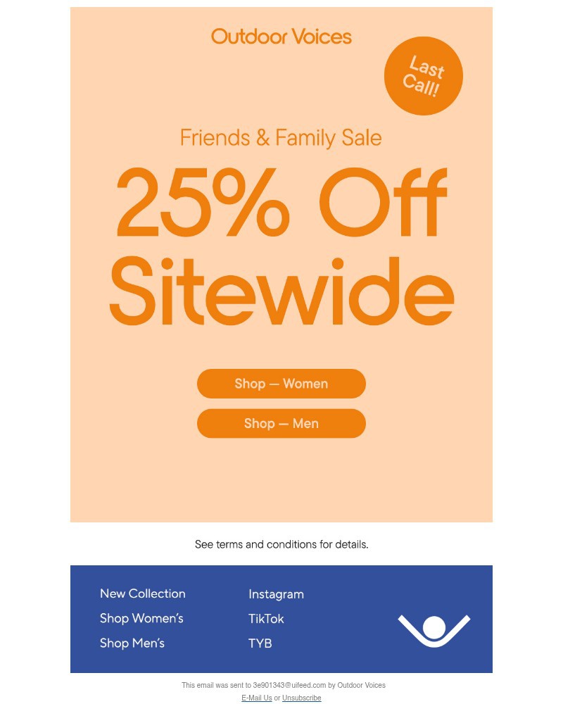 Screenshot of email sent to a Outdoor Voices Newsletter subscriber