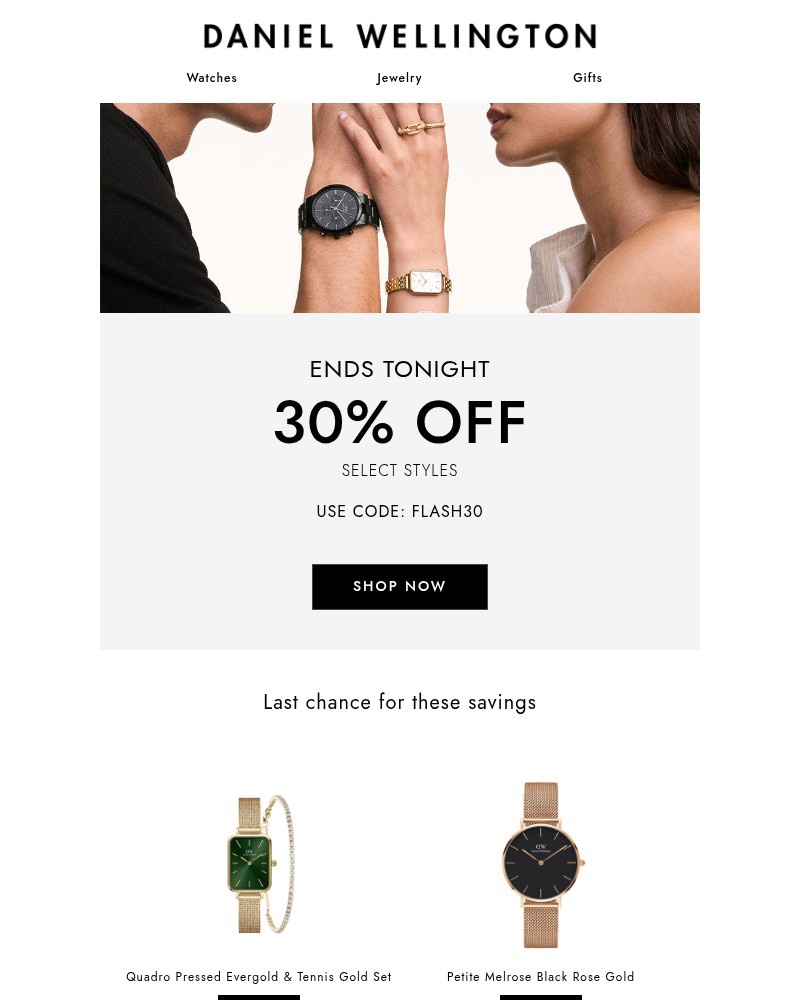 Screenshot of email sent to a Daniel Wellington Newsletter subscriber