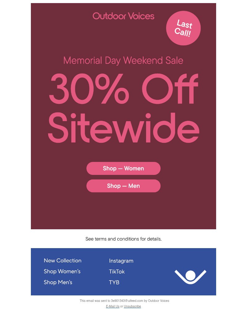 Screenshot of email sent to a Outdoor Voices Newsletter subscriber