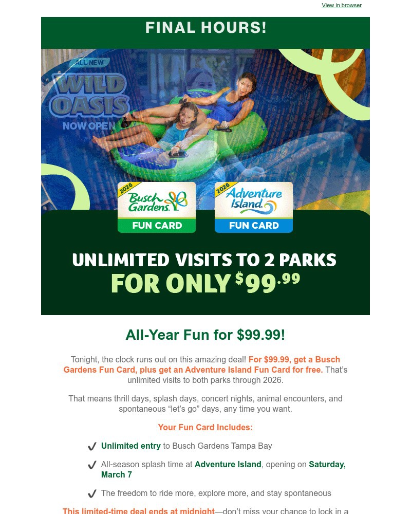Screenshot of email sent to a Busch Gardens Newsletter subscriber
