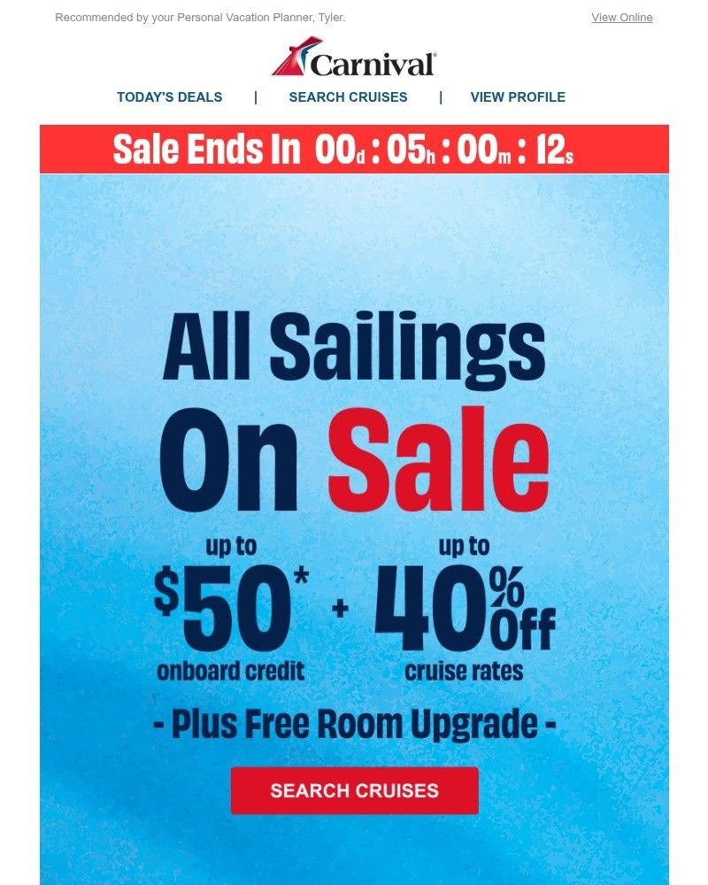 Screenshot of email sent to a Carnival Cruise Line Registered user