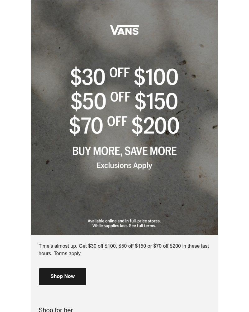 Screenshot of email sent to a Vans Registered user