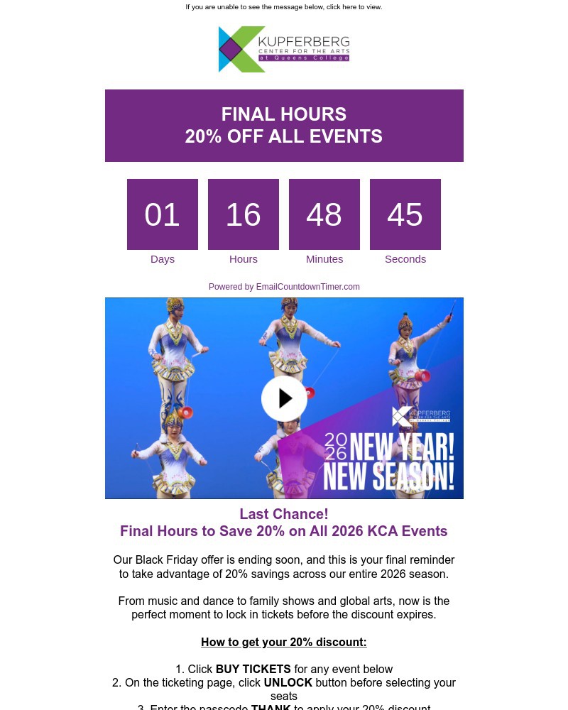 Screenshot of email sent to a Kupferberg Center Newsletter subscriber