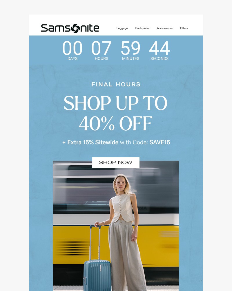 Screenshot of email sent to a Samsonite Newsletter subscriber