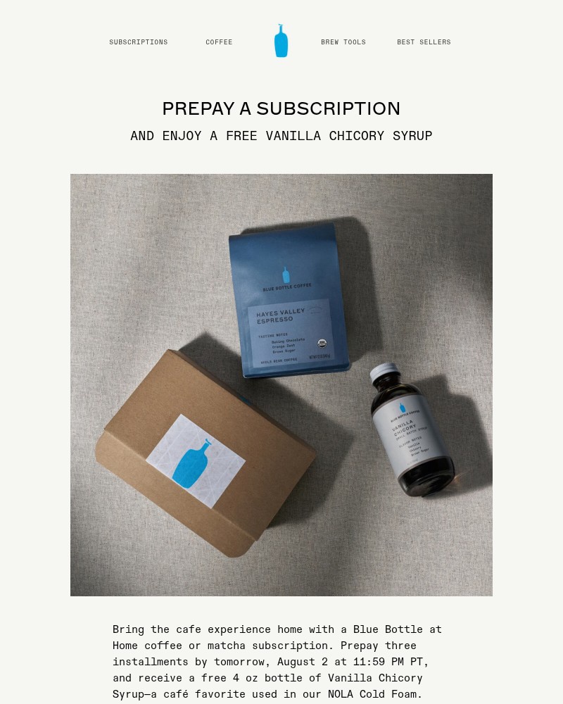 Screenshot of email sent to a Blue Bottle Coffee Newsletter subscriber