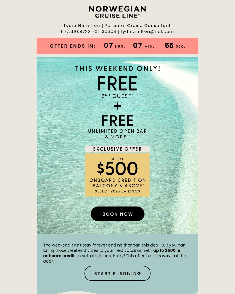 Screenshot of email sent to a Norwegian Cruise Line Newsletter subscriber