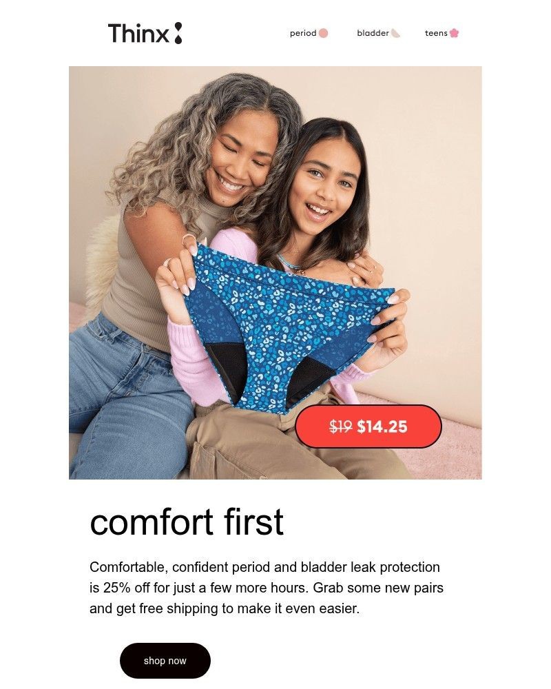 Screenshot of email sent to a Thinx Newsletter subscriber