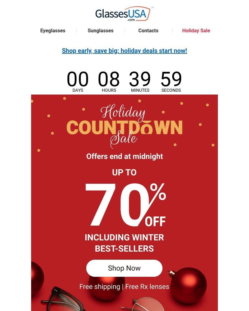 Screenshot of email sent to a Glasses USA Newsletter subscriber