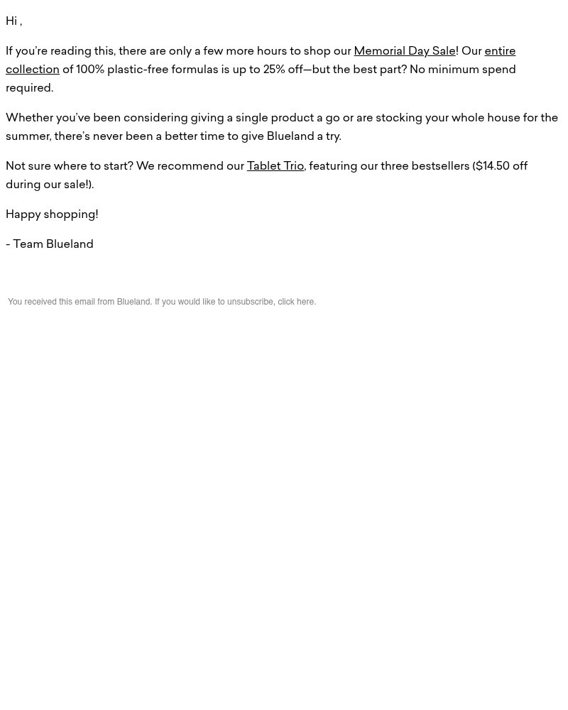 Screenshot of email sent to a Blueland Newsletter subscriber