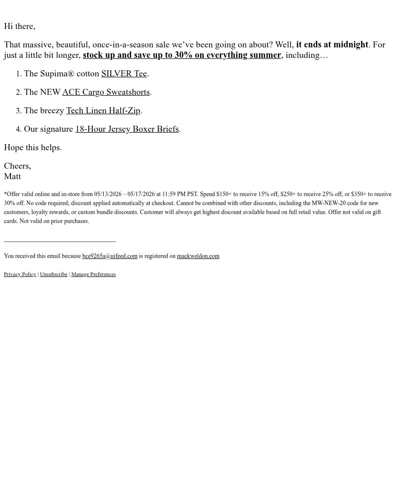 Screenshot of email sent to a Mack Weldon Newsletter subscriber