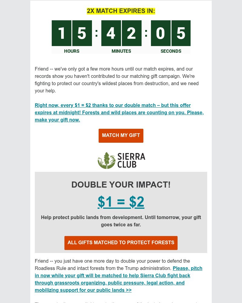 Screenshot of email sent to a Sierra Club Newsletter subscriber