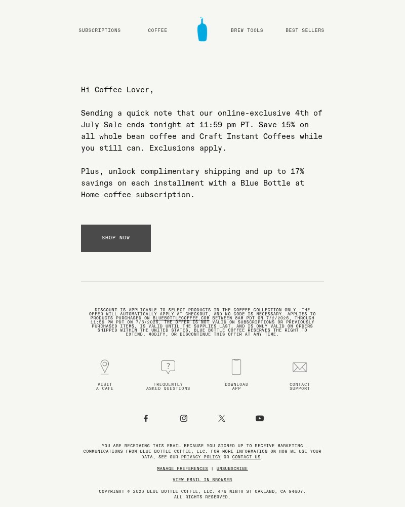 Screenshot of email sent to a Blue Bottle Coffee Newsletter subscriber