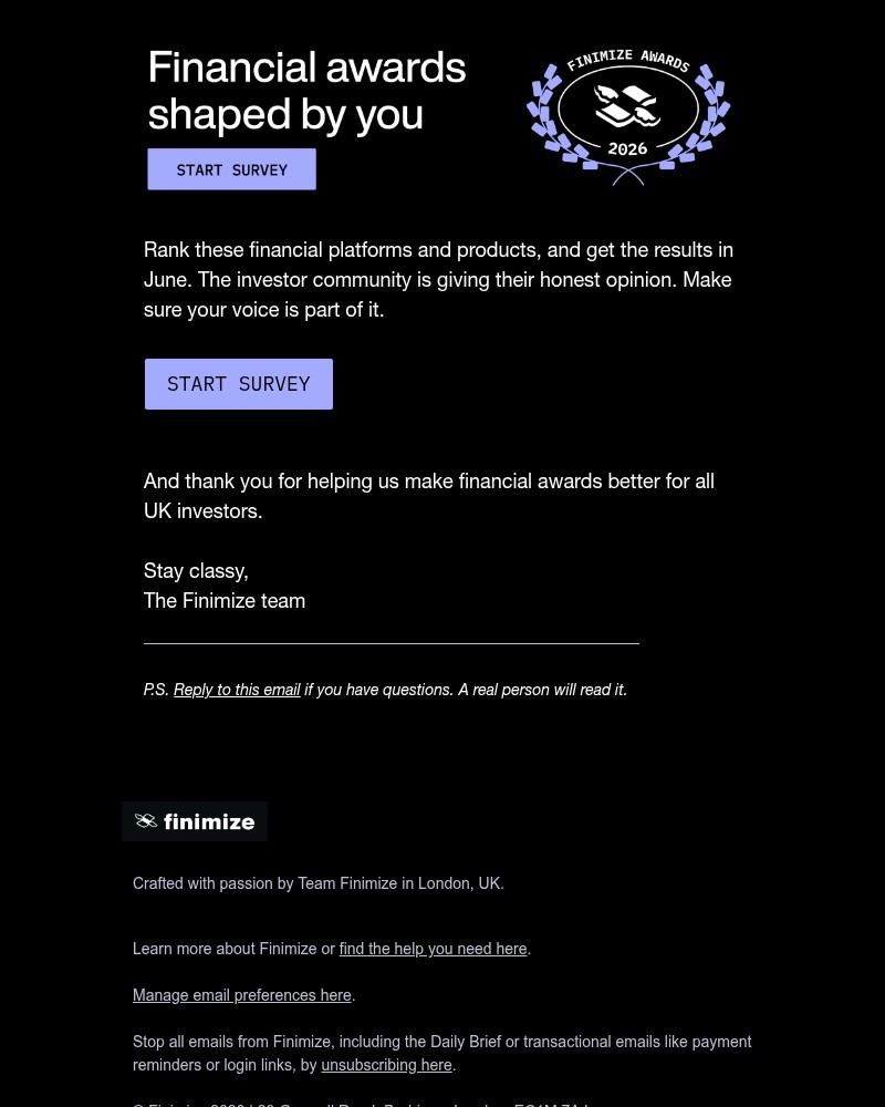 Screenshot of email sent to a Finimize Registered user