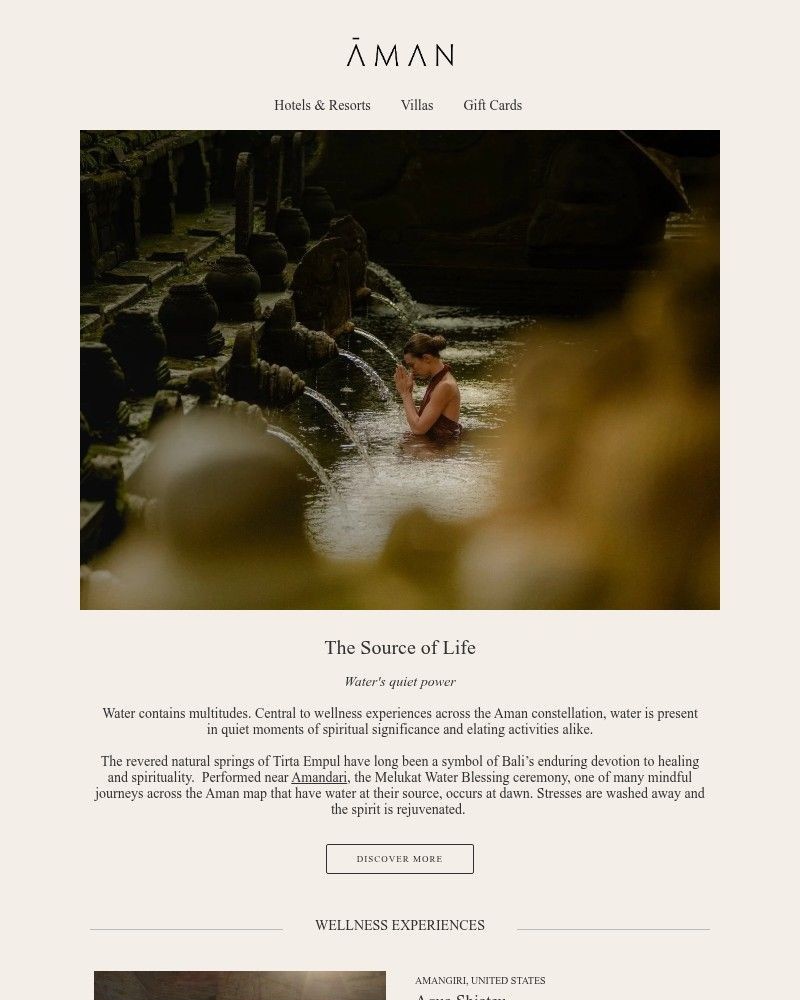 Screenshot of email sent to a Aman Resorts Newsletter subscriber