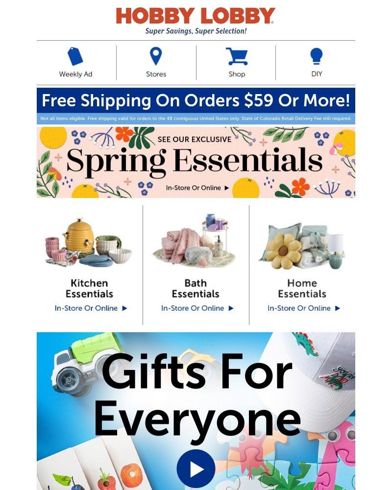 Screenshot of email sent to a Hobby Lobby Newsletter subscriber