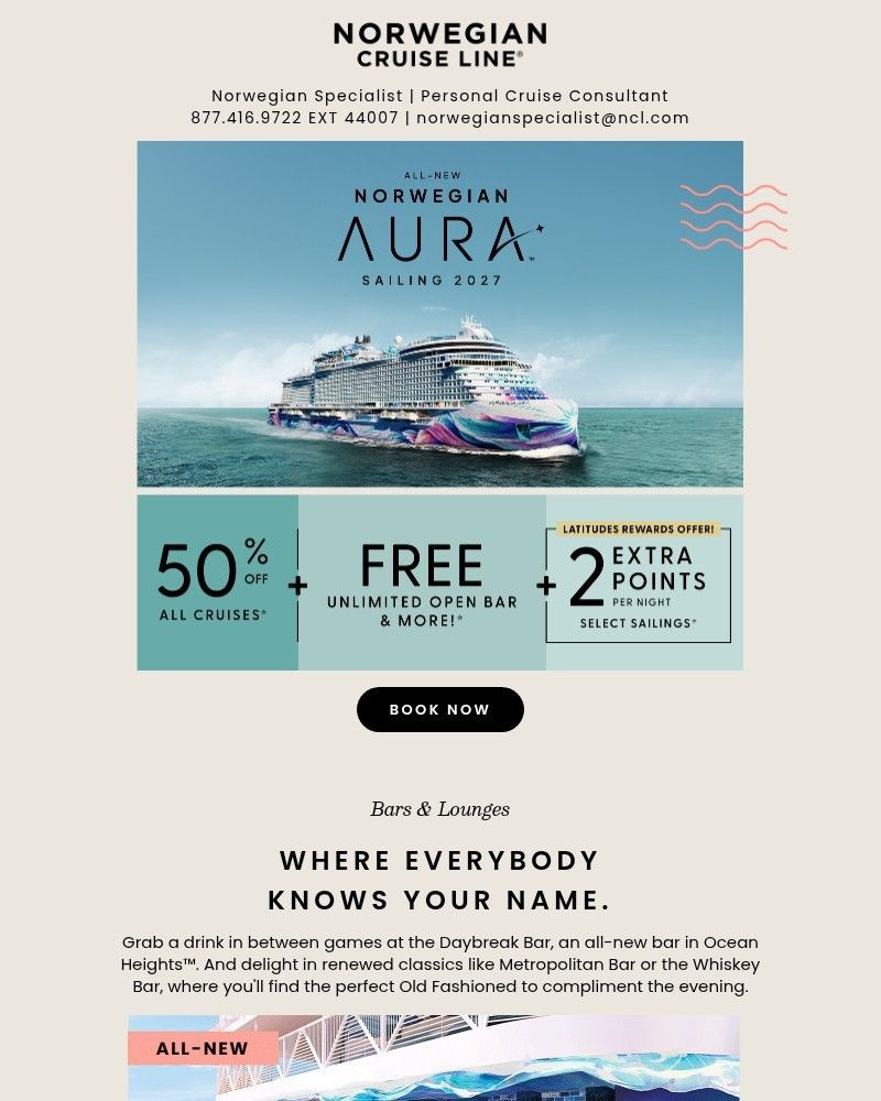 Screenshot of email sent to a Norwegian Cruise Line Newsletter subscriber