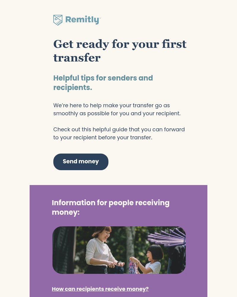 Screenshot of email sent to a Remitly Registered user