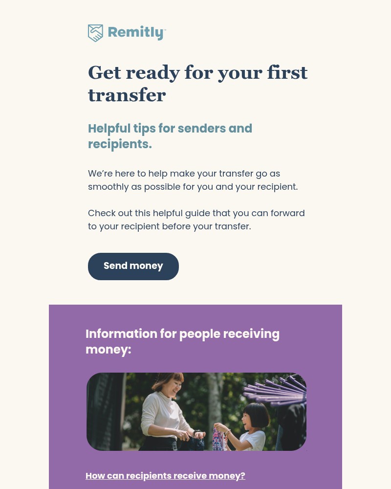 Screenshot of email sent to a Remitly Registered user