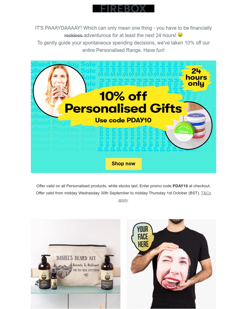Screenshot of email with subject /media/emails/flash-24h-sale-10-off-personalised-gifts-e85c25-cropped-a874bdf7.jpg