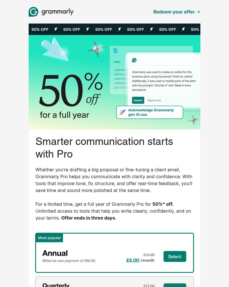 Screenshot of email sent to a Grammarly Registered user