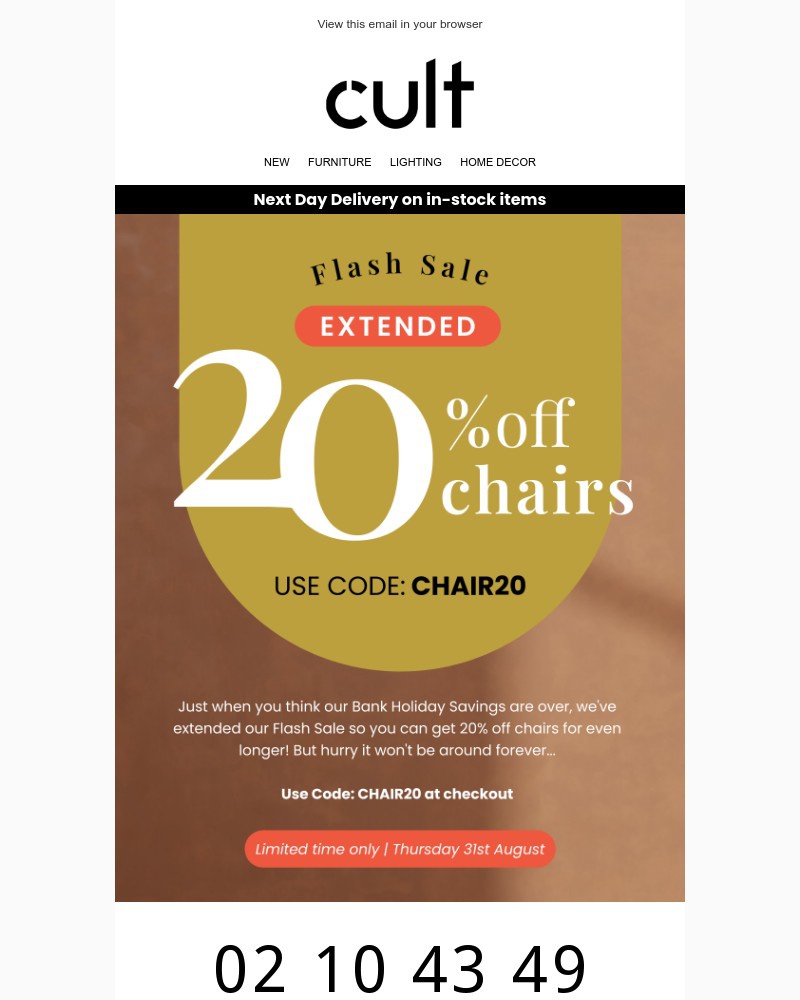 Screenshot of email with subject /media/emails/flash-sale-extended-20-off-chairs-dc0878-cropped-0769951f.jpg