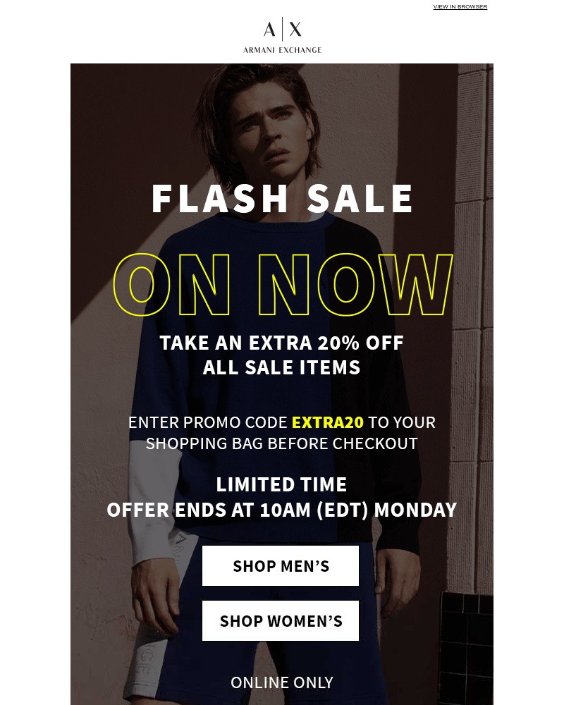 Screenshot of email with subject /media/emails/flash-sale-on-now-extra-20-off-sale-styles-5105ab-cropped-436cc48b.jpg