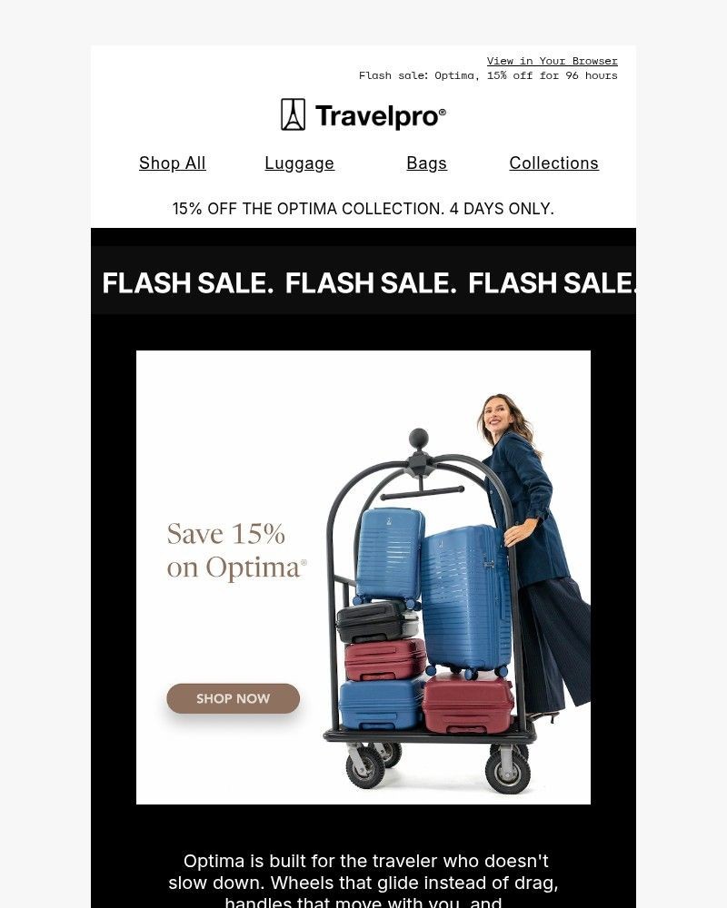 Screenshot of email sent to a Travelpro Newsletter subscriber