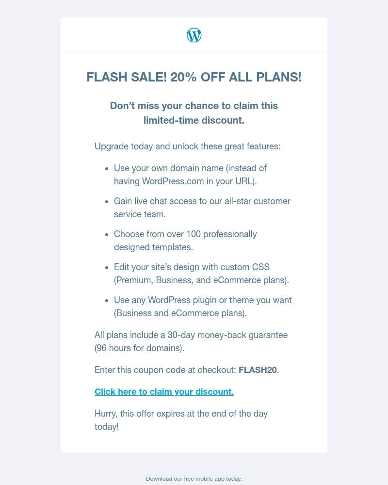 Screenshot of email with subject /media/emails/flash-sale-today-only-save-big-on-upgraded-wordpresscom-plans-1-cropped-6cd8a1c4.jpg