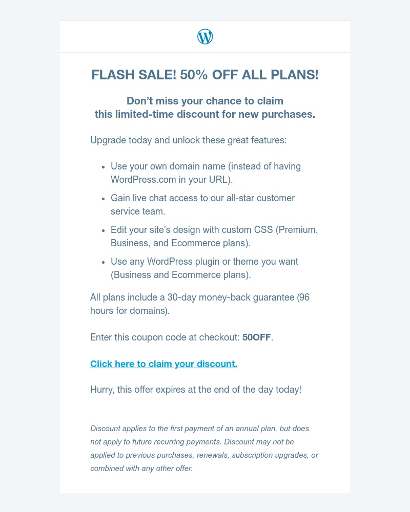 Screenshot of email with subject /media/emails/flash-sale-today-only-save-big-on-upgraded-wordpresscom-plans-168810-cropped-ddf8c2b0.jpg