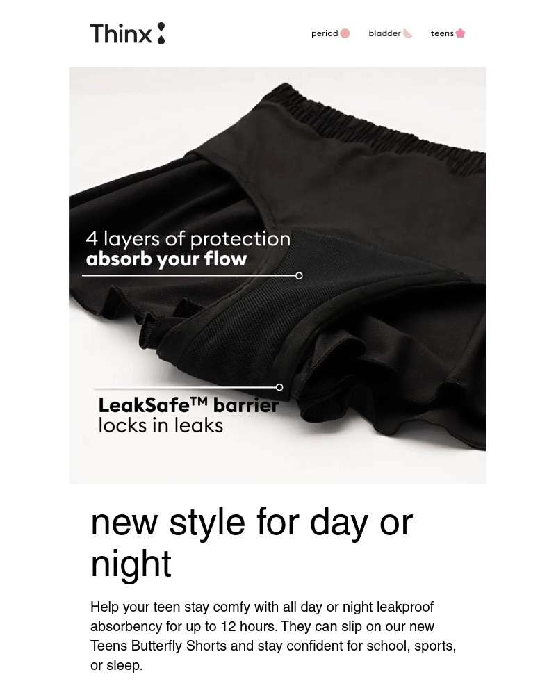 Screenshot of email sent to a Thinx Newsletter subscriber