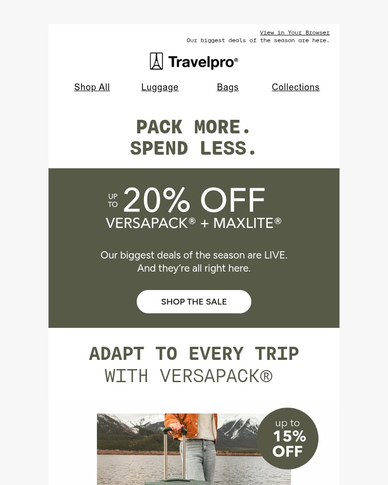 Screenshot of email sent to a Travelpro Newsletter subscriber