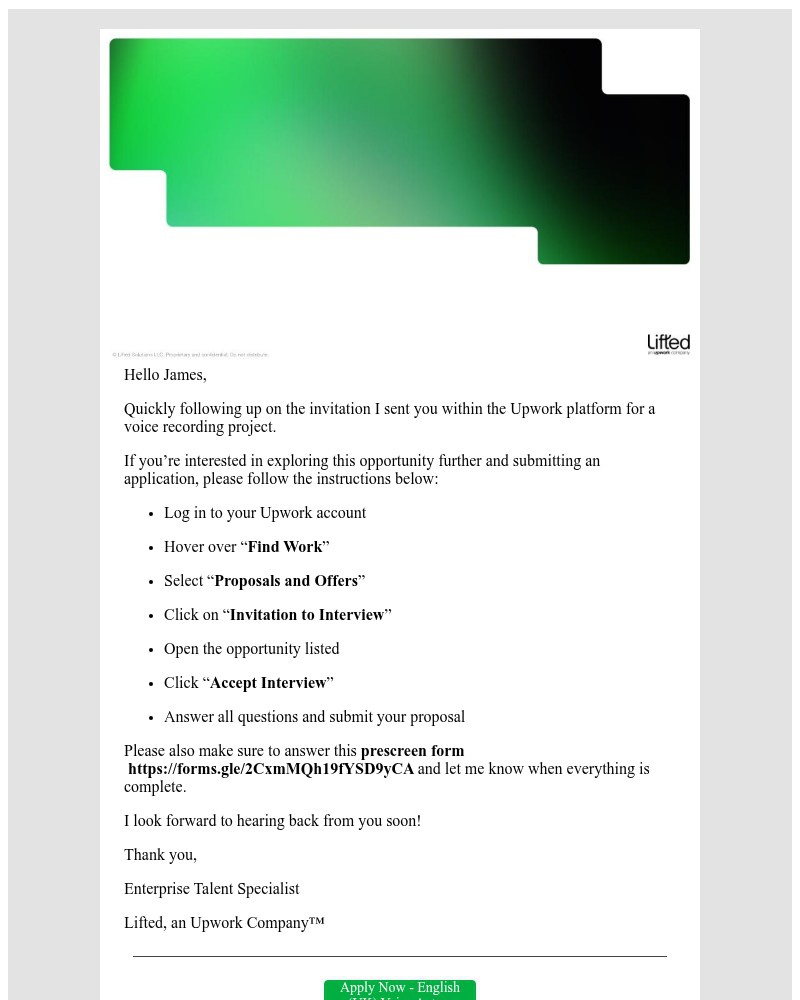 Screenshot of email sent to a Upwork Candidate