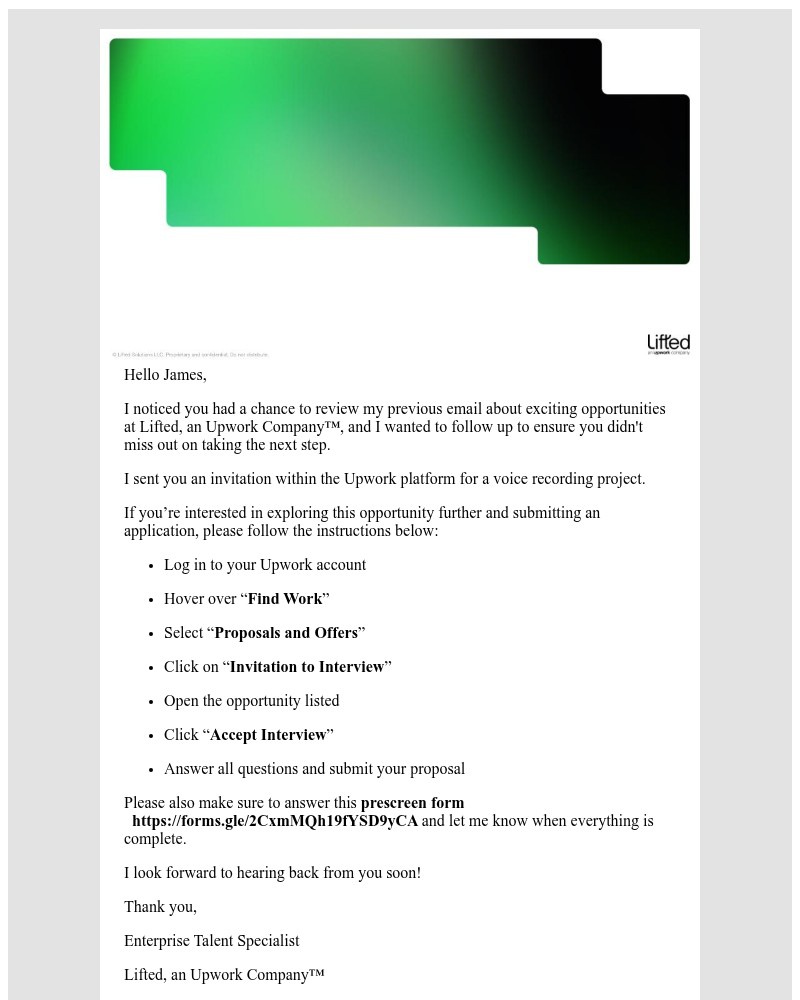 Screenshot of email sent to a Upwork Candidate