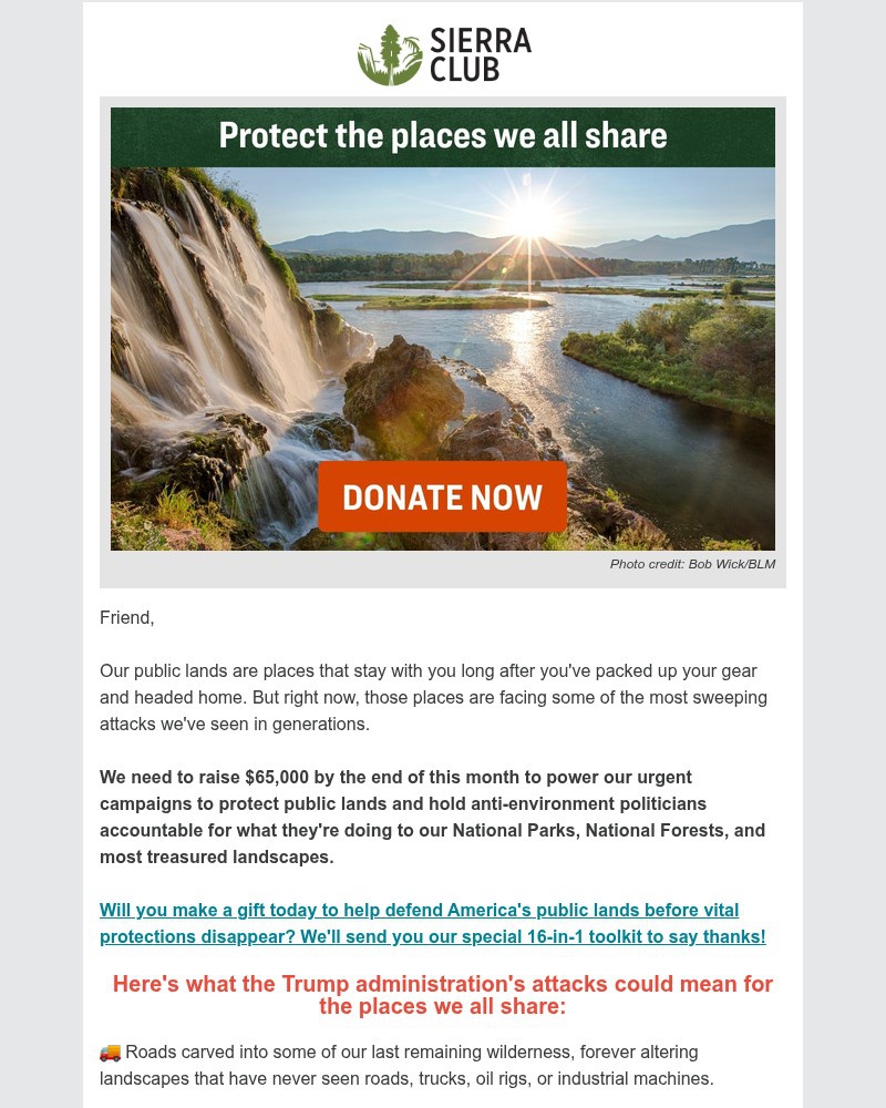 Screenshot of email sent to a Sierra Club Newsletter subscriber