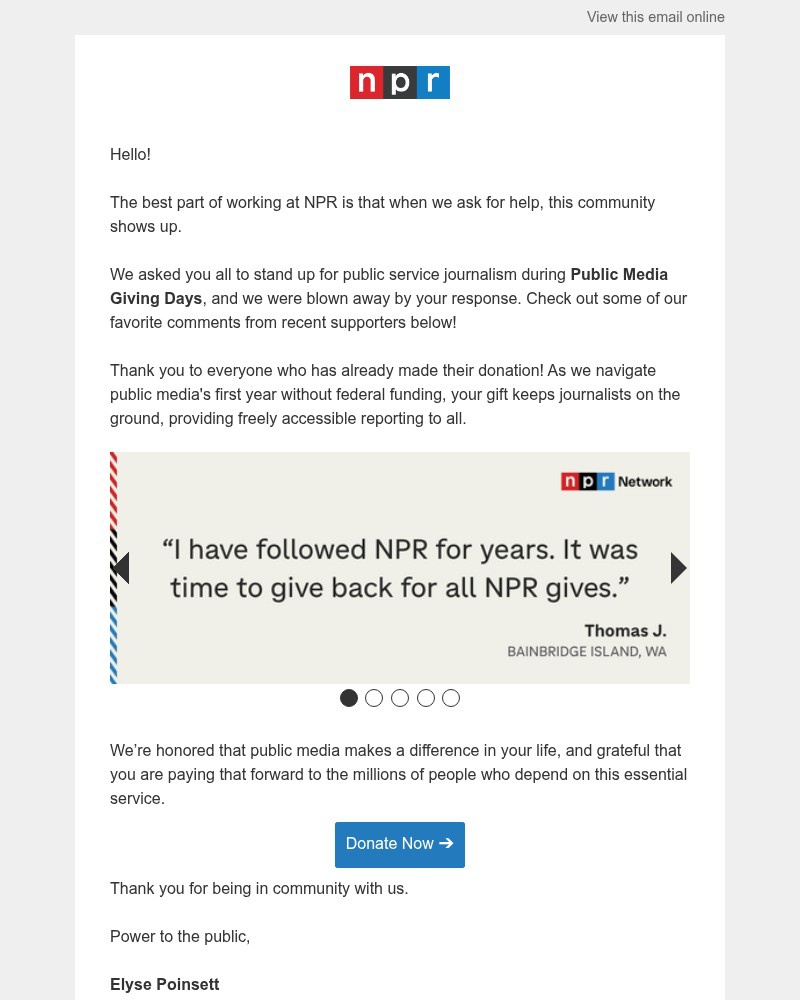 Screenshot of email sent to a NPR Newsletter subscriber