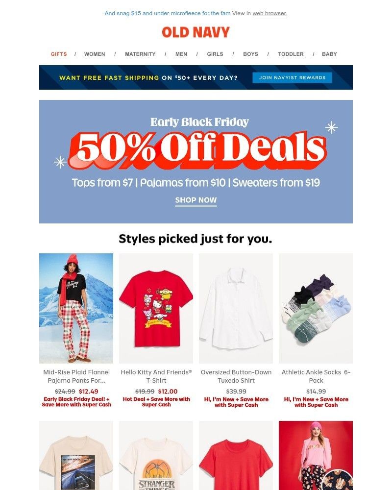 Screenshot of email sent to a Old Navy Newsletter subscriber