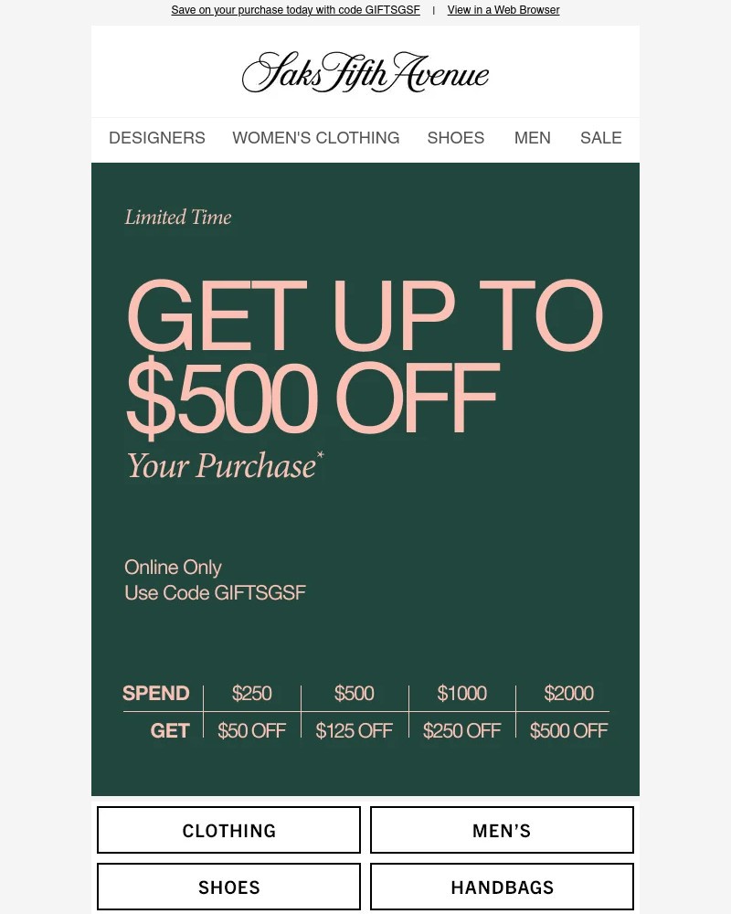 Screenshot of email sent to a Saks Fifth Avenue Newsletter subscriber