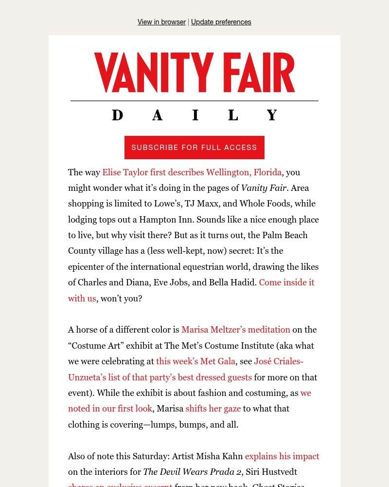 Screenshot of email sent to a Vanity Fair Newsletter subscriber